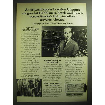 1974 American Express Travelers Cheques Ad - Good At More Hotels