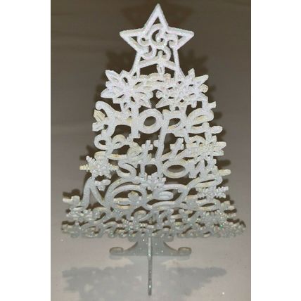 Large 3D Wooden White Glittery Christmas Tree With Greeting For Desk Use