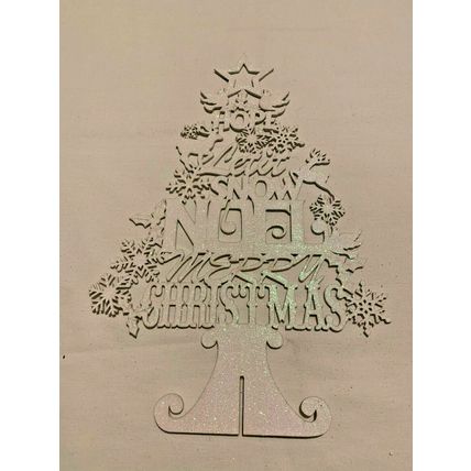 Medium 3D Wooden White Glittery Christmas Tree With Greeting For Desk Use