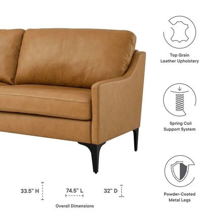 74.5" Wide Mid-Century Sofa Supple Genuine Leather Tan, Gray, Brown Ships FedEx!