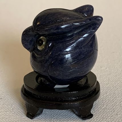 Blue Sodalite Owl Figurine Vintage Fine Chinese Carved Bird W Stand 1.4" READ**