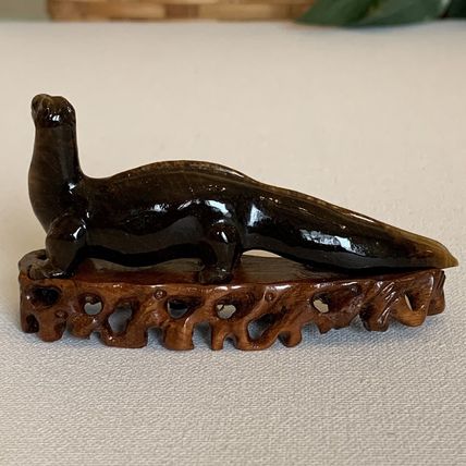 Vintage Chinese Carved Tiger's Eye Dinosaur Figurine Gemstone Brontosaurus 4.6"