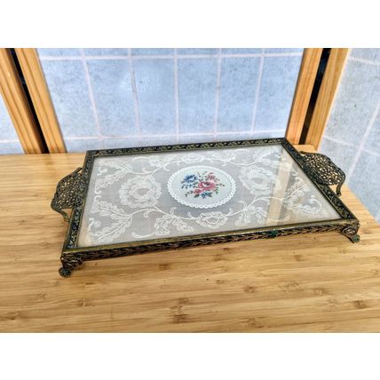Vintage Petit Point Bedroom Vanity Tray, Brass Filigree, Embroidery, Antique