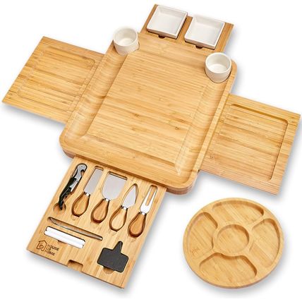 Large Bamboo Charcuterie Boards Gift Set with 4 Hidden Drawers, Cheese Knives, C