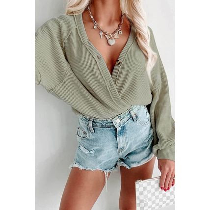 Green Exposed Seam Buttons Front Waffle Knit Cardigan