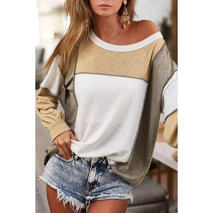 Khaki Exposed Seam Color Block Patchwork Top