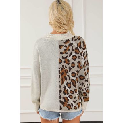 Leopard Color Block V Neck Drop Shoulder Knit Sweater