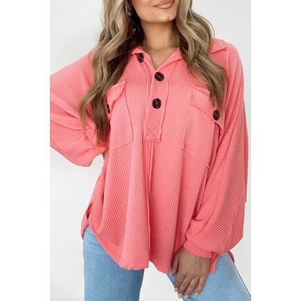 Pink Corded Flap Pocket Henley Top