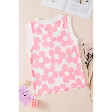 Pink Cute Flower Knitted V Neck Tank Top
