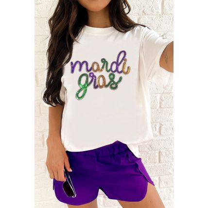 White Sequin mardi gras Graphic Plus Size T Shirt