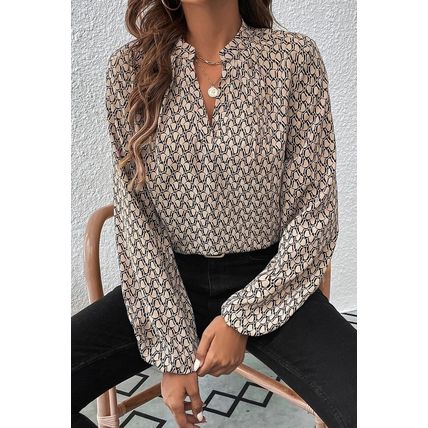 Khaki Geometric Print Notched Neck Puff Sleeve Blouse