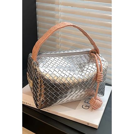 Silvery Lattice Texture Corded Ball Decor Weaven Handle Cosmetic Bag