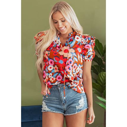 Brown Flower Print Self Tie Frilled Collar Puff Sleeve Blouse