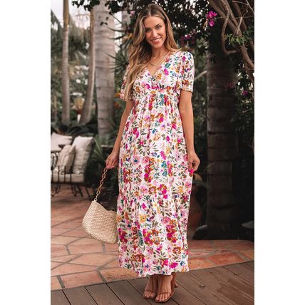 Red Floral Short Sleeve V Neck High Waist Maxi Dress