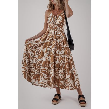 Khaki Floral Shirred High Waist Spaghetti Straps Maxi Dress