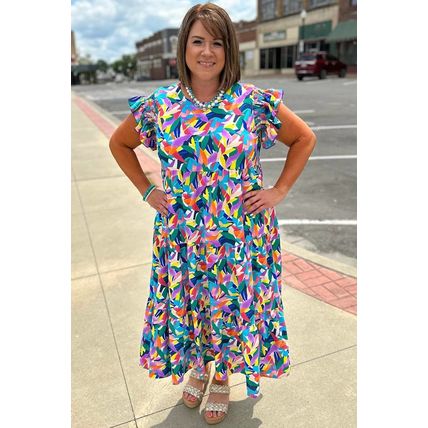 Blue Geometric Print Ruffled Short Sleeve Plus Size Tiered Maxi Dress