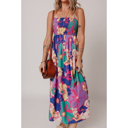 Purple Floral Print Shirred Spaghetti Strap Loose Maxi Dress