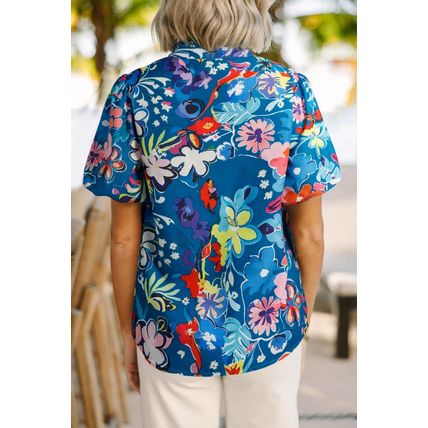 Blue Flower Print Collared V Neck Puff Short Sleeve Loose Blouse