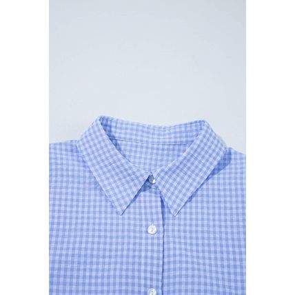 Light Blue Gingham Short Puff Sleeve Button Up Shirt