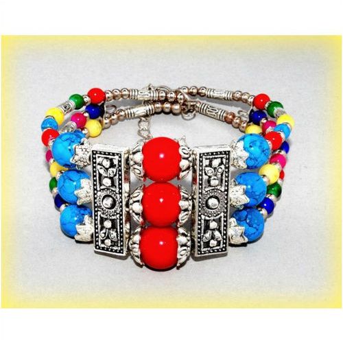 3 Row Tibetan Tribe Silver Tone Charm Beads Bracelet Bangle Jewellery 1591