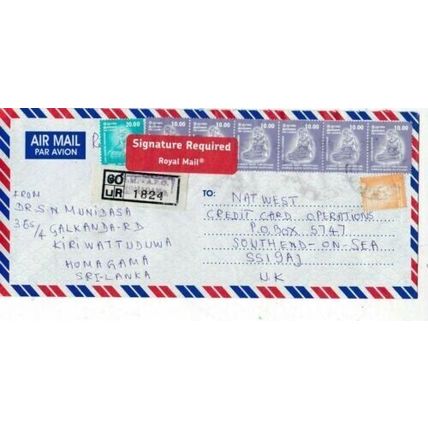 Sri Lanka 2006 Homagama to Southend UK Registered Air Mail Cover written VGC