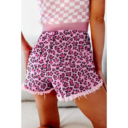 Pink Leopard Print Raw Hem Denim Shorts