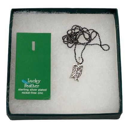 Brand New Lucky Feather Sterling Silver Plated Owl Charm Necklace Jeweled Eyes