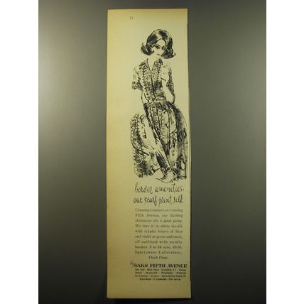 1960 Saks Fifth Avenue Dress Ad - Border amenities: our scarf-print silk