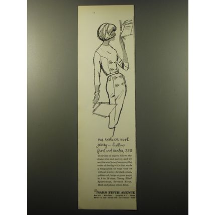 1960 Saks Fifth Avenue Dress Ad - Our exclusive wool jersey