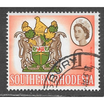 RHODESIA SOUTHERN 1964 QE2 ARMS HERALDRY SHIELD AXE LION £1 USED SG105 105 SG