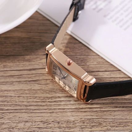 Gents Square Rectangle Tank Face Rose Gold Case Black Leather Strap Watch