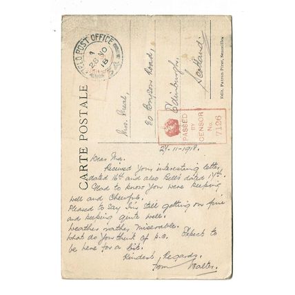 Postcard WW1 Belgium Senzeilles church British soldier 1918 FPO54 54 Division