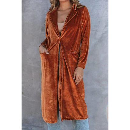 Brown Retro Velvet Long Sleeve Pocket Coat