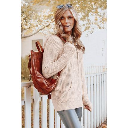Apricot Waffle Knit Buttons Hooded Sweater with Pocket