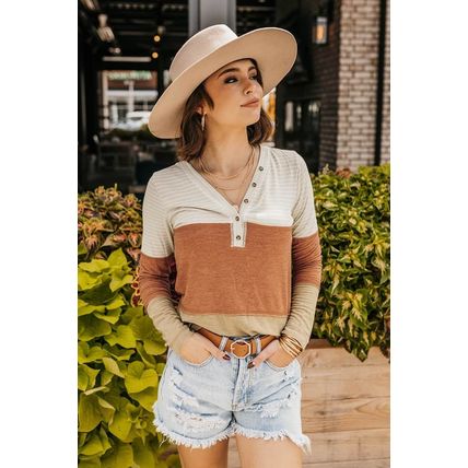 Orange Striped Color Block Henley Top