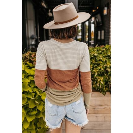 Orange Striped Color Block Henley Top