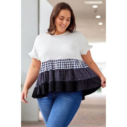 White Plaid Dot Ruffled Plus Size Babydoll Top