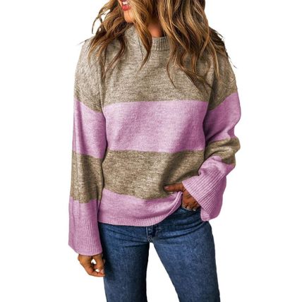 Rose Stripe Crew Neck Wide Sleeve Colorblock Sweater