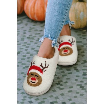 White Christmas Deer Home Indoor Plush Slippers