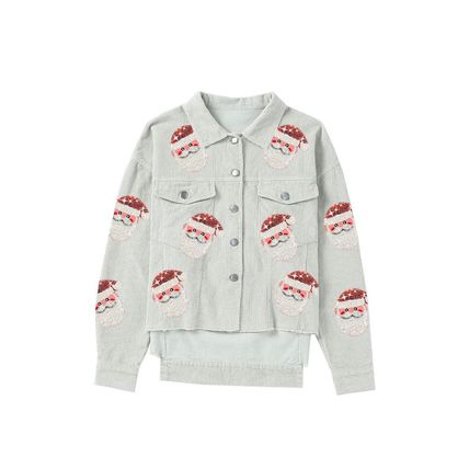Sky Blue Sequined Santa Claus Flap Pocket Corduroy Jacket