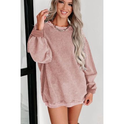 Pink Solid Ribbed Knit Round Neck Pullover Sweatshirt