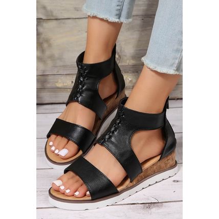 Black Crisscross Detail Hollowed Leather Gladiator Sandals