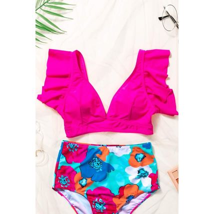 Rose Red Ruffled V Neck Swim Top