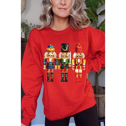 Red Christmas Metallic Nutcracker Graphic Crew Neck Sweatshirt