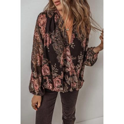Black Floral Print Criss Cross V Neck Balloon Sleeve Blouse