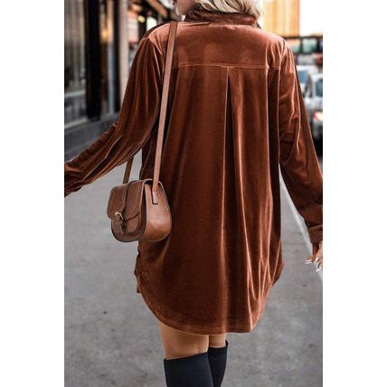Coffee Plus Size V Neck Collared Pleated Back Rounded Hem Velvet Dress