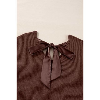 Coffee Lantern Sleeve V Neck Knot Back Sweater
