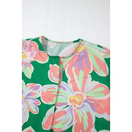 Green Floral Print Button up Pleated Puff Sleeve Loose Shirt