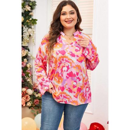 Pink Plus Size Abstract Floral Print V Neck Blouse