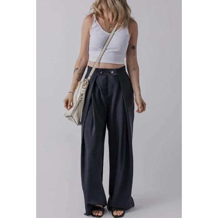 Dirty blue Dual Buttoned High Waist Pleated Wide Leg Pants